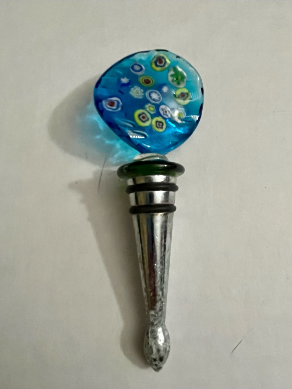 Glass Top Blue Bottle Stopper with Silver-tone Metal Base
